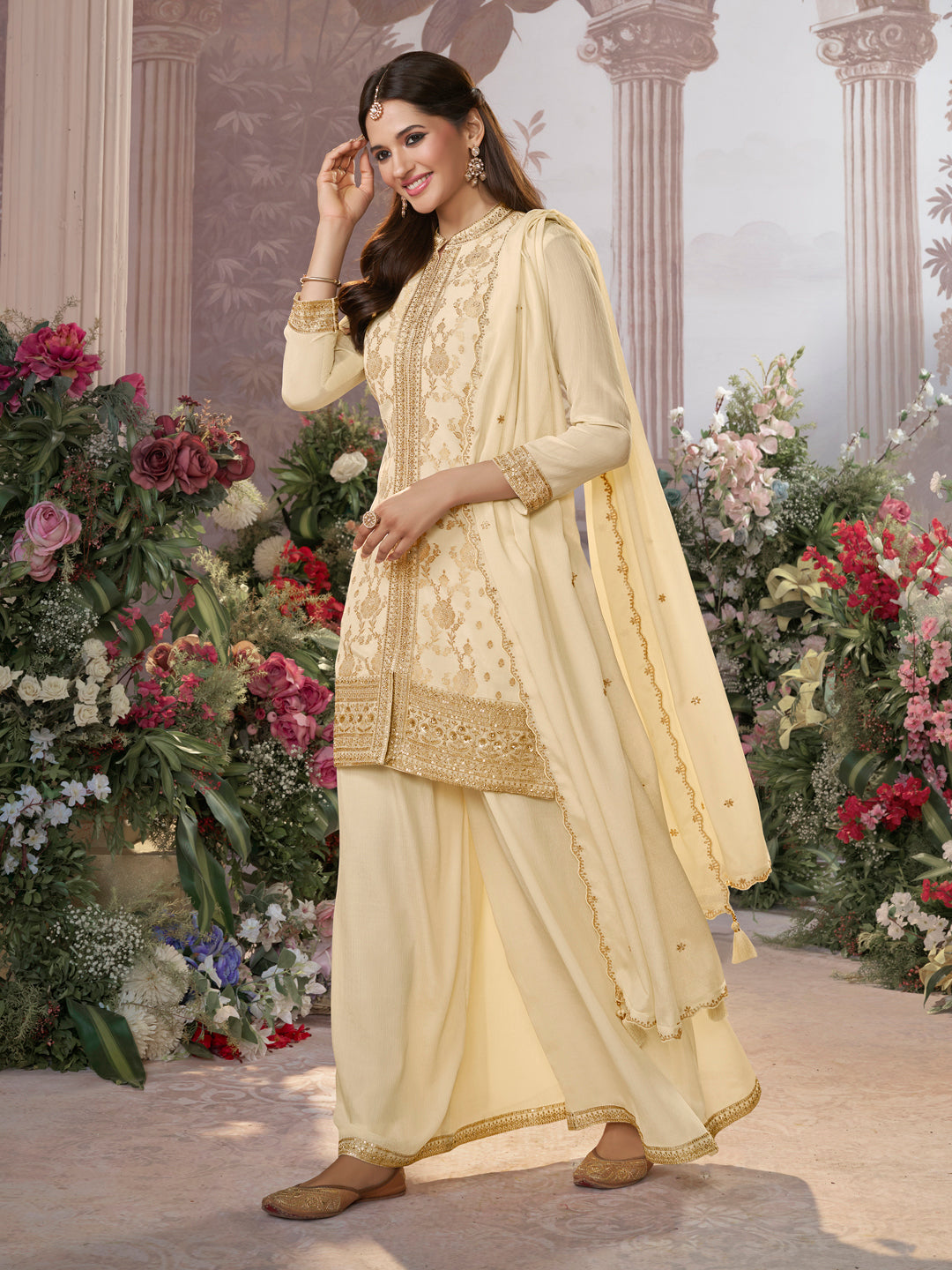 Off White Chinon Kurta Set with Heavy Jacquard Work Paired with Chinon Dupatta with Embroidered Work.
