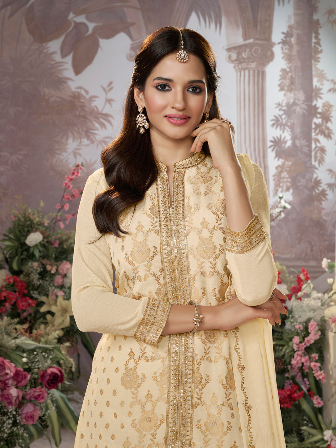 Off White Chinon Kurta Set with Heavy Jacquard Work Paired with Chinon Dupatta with Embroidered Work.