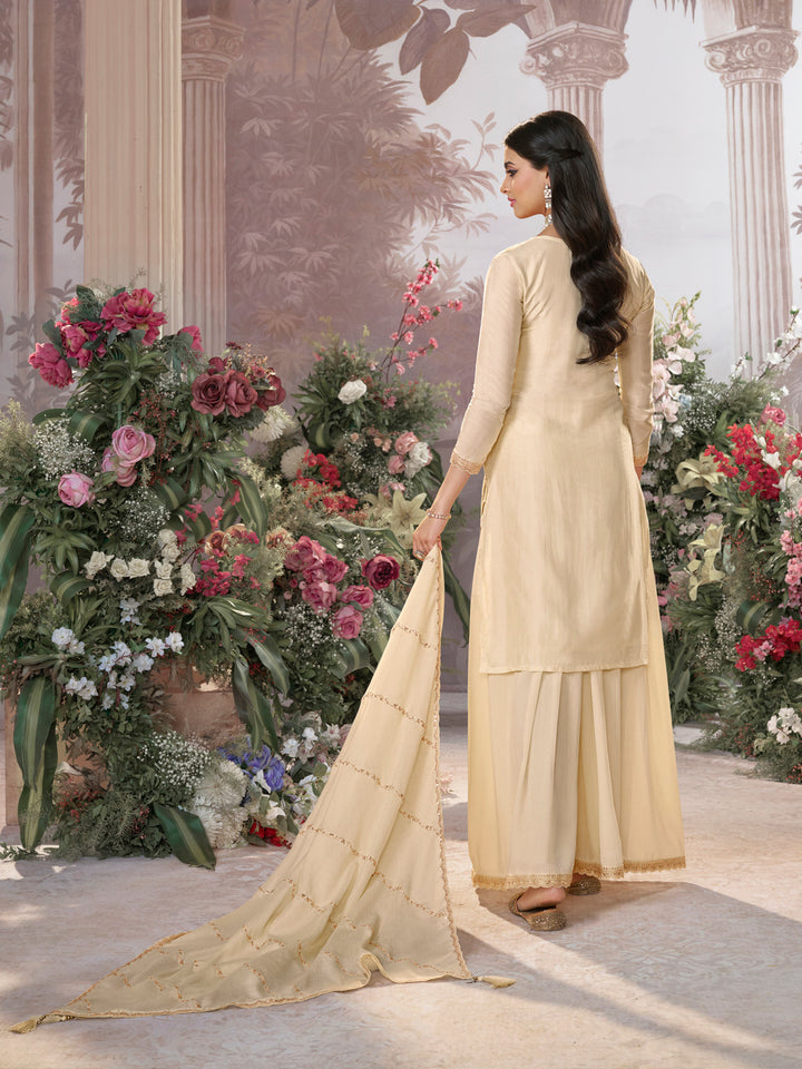 Off-White Dola Silk Meena Jacquard Kurta Set Paired With Embroidered Sharara Suit Set