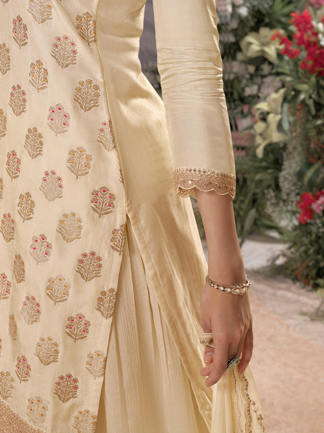 Off-White Dola Silk Meena Jacquard Kurta Set Paired With Embroidered Sharara Suit Set