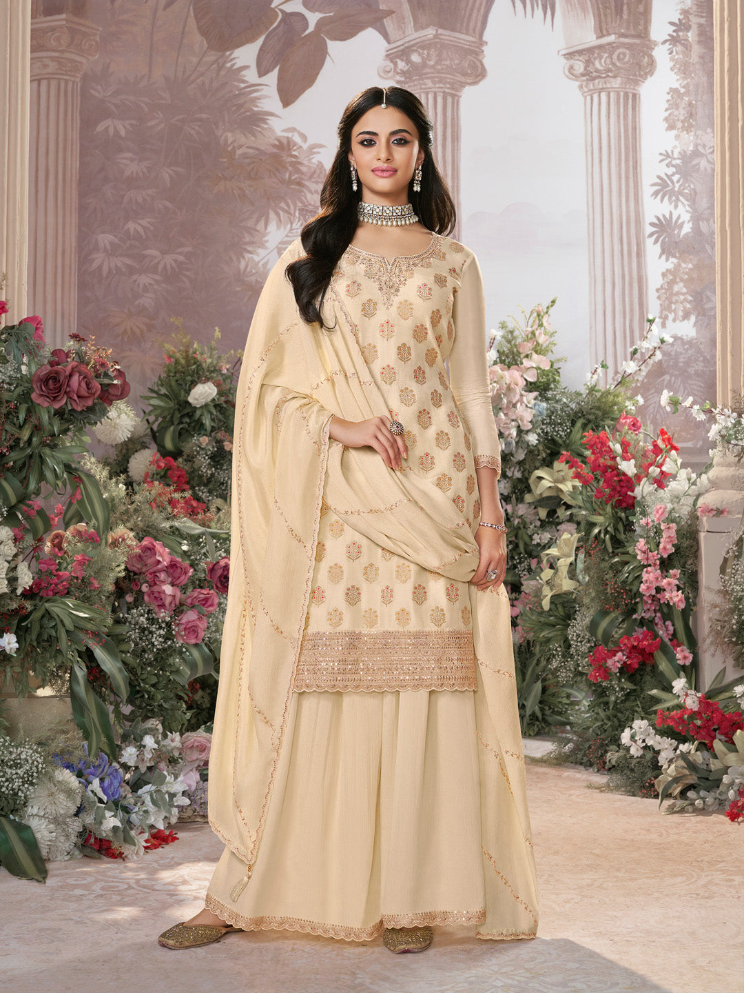 Off-White Dola Silk Meena Jacquard Kurta Set Paired With Embroidered Sharara Suit Set