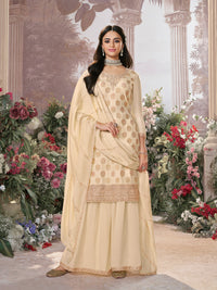 Off-White Dola Silk Meena Jacquard Kurta Set Paired With Embroidered Sharara Suit Set