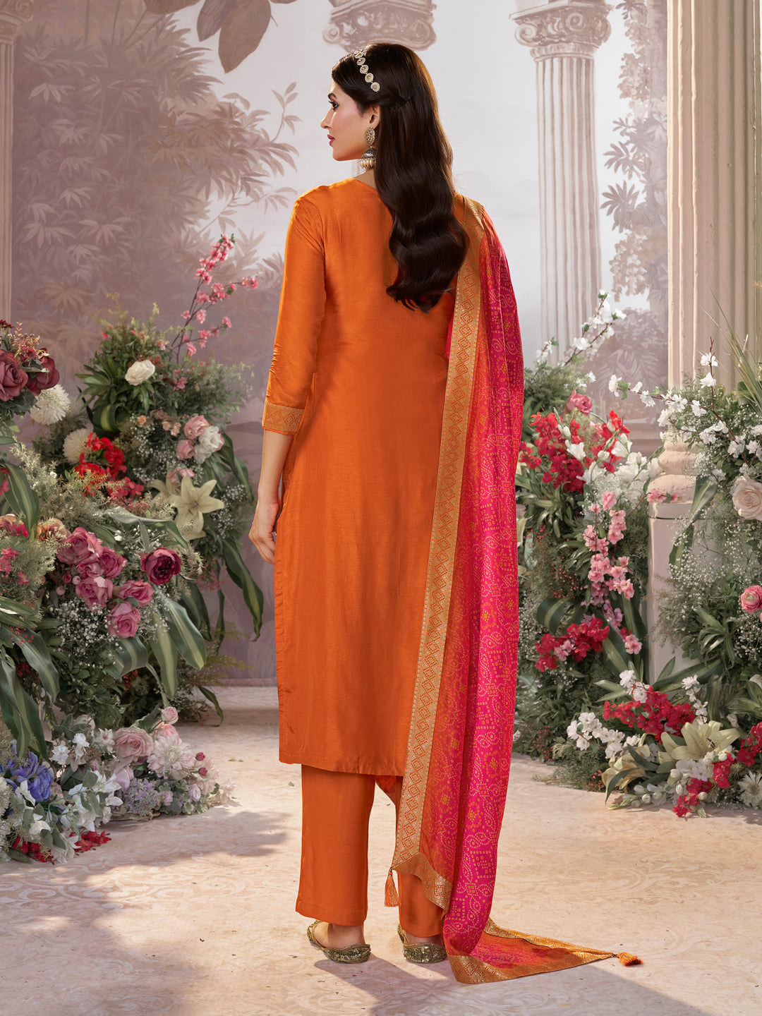 Orange Dola Silk Kurta Set with Jacquard Detailing and Intricate Embroidery, Paired with a Cherry Silk Dupatta