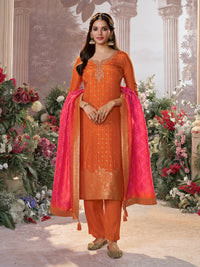 Orange Dola Silk Kurta Set with Jacquard Detailing and Intricate Embroidery, Paired with a Cherry Silk Dupatta
