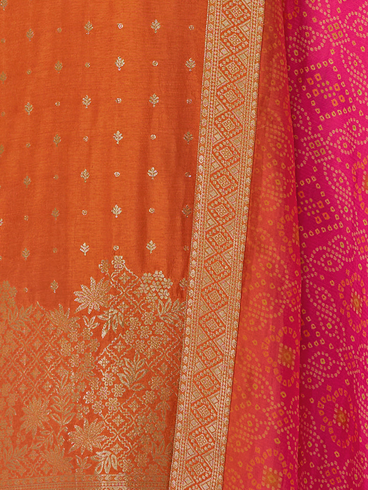 Orange Dola Silk Kurta Set with Jacquard Detailing and Intricate Embroidery, Paired with a Cherry Silk Dupatta
