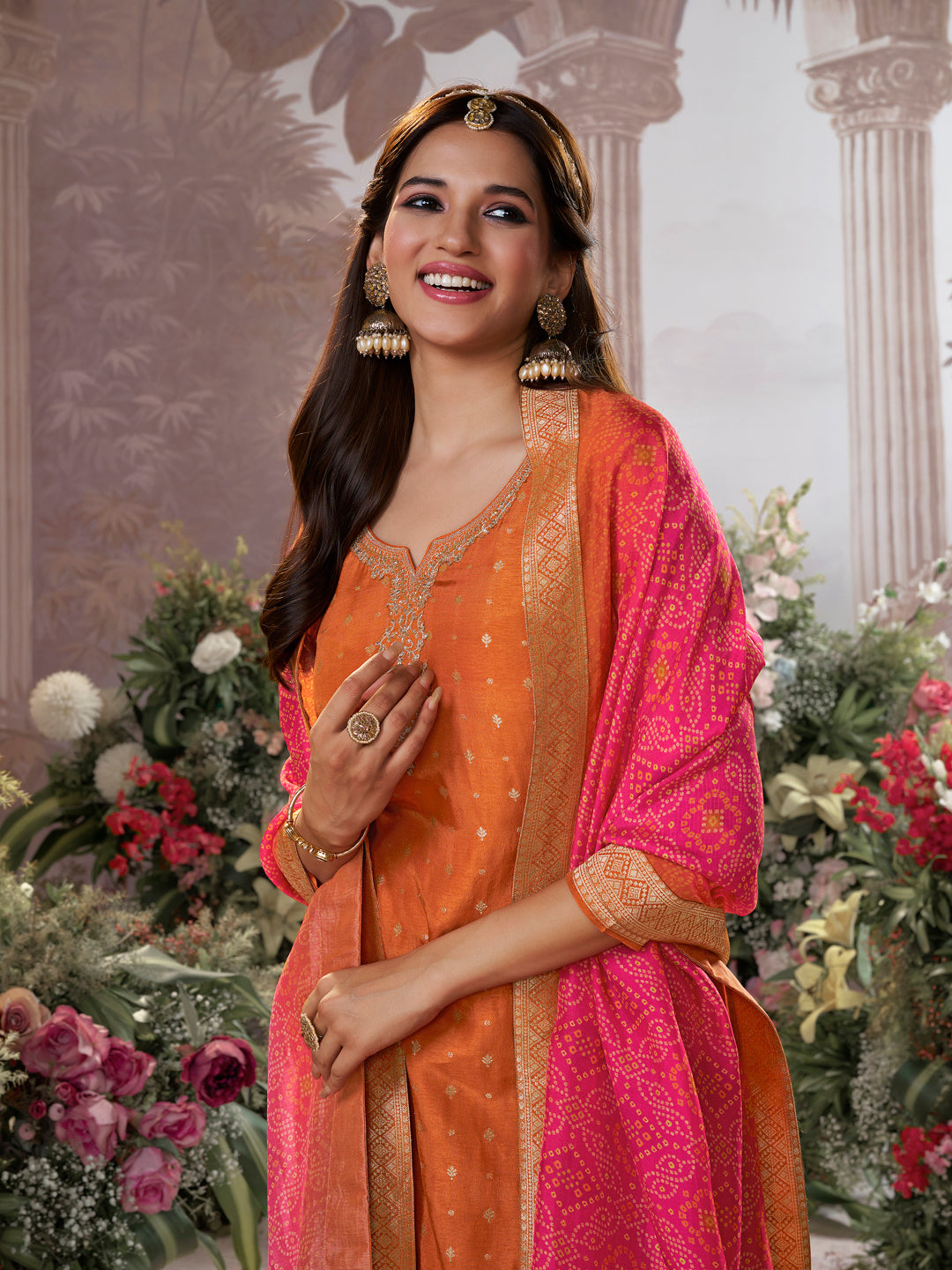 Orange Dola Silk Kurta Set with Jacquard Detailing and Intricate Embroidery, Paired with a Cherry Silk Dupatta