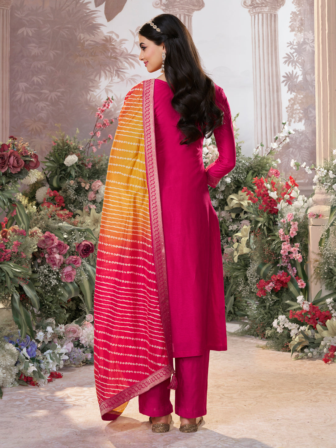 Pink Dola Silk Kurta Set with Jacquard Detailing and Intricate Embroidery, Paired with a Cherry Silk Dupatta