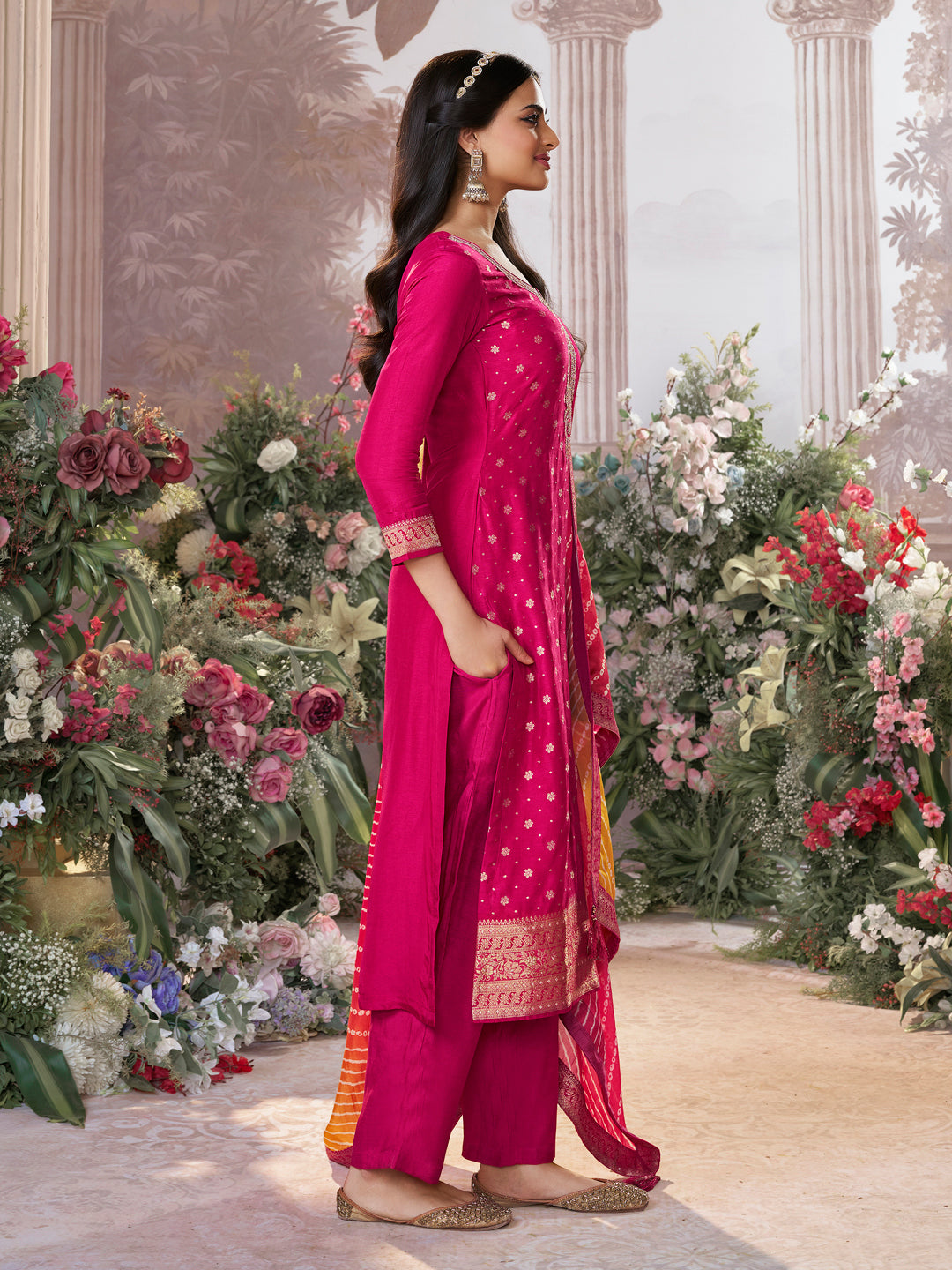 Pink Dola Silk Kurta Set with Jacquard Detailing and Intricate Embroidery, Paired with a Cherry Silk Dupatta