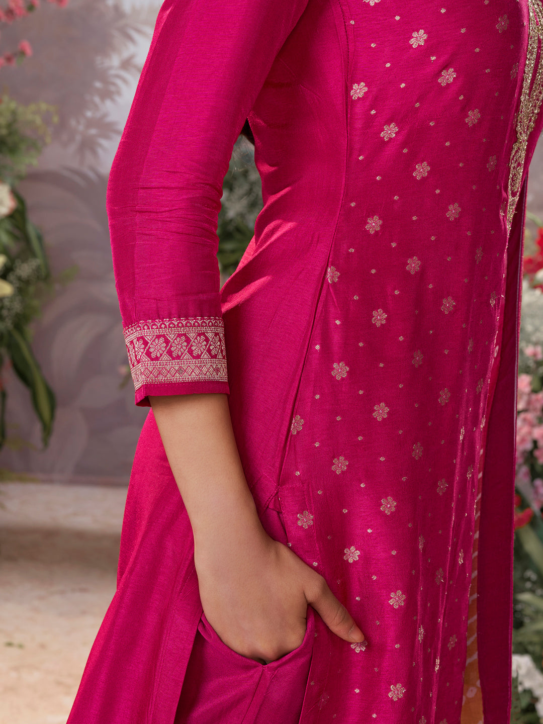 Pink Dola Silk Kurta Set with Jacquard Detailing and Intricate Embroidery, Paired with a Cherry Silk Dupatta