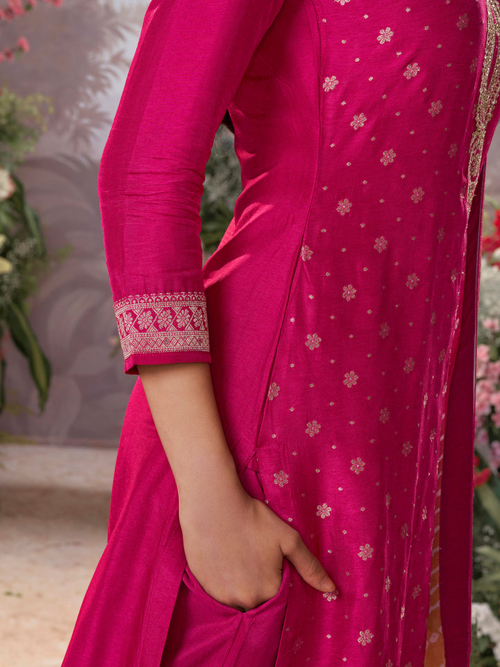 Pink Dola Silk Kurta Set with Jacquard Detailing and Intricate Embroidery, Paired with a Cherry Silk Dupatta