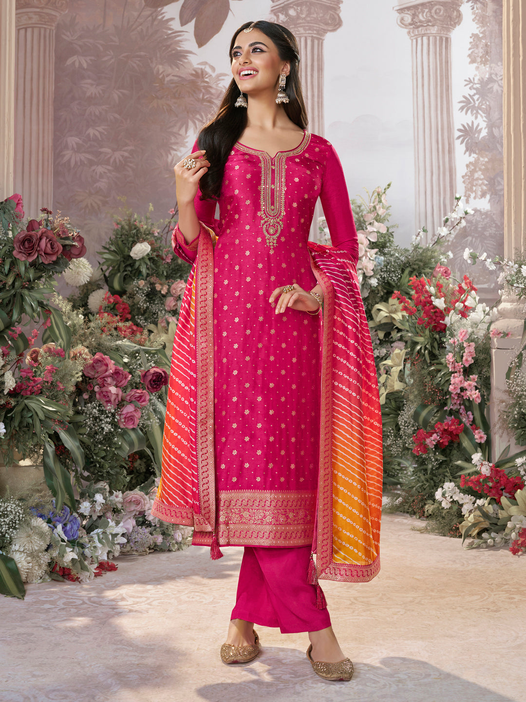 Pink Dola Silk Kurta Set with Jacquard Detailing and Intricate Embroidery, Paired with a Cherry Silk Dupatta