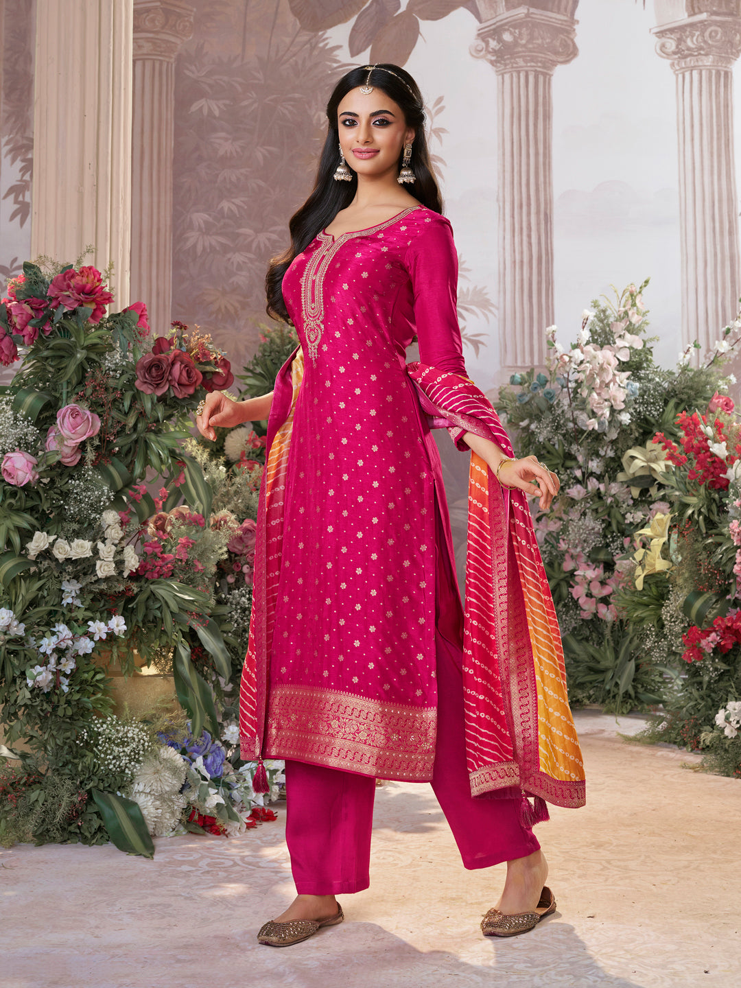 Pink Dola Silk Kurta Set with Jacquard Detailing and Intricate Embroidery, Paired with a Cherry Silk Dupatta