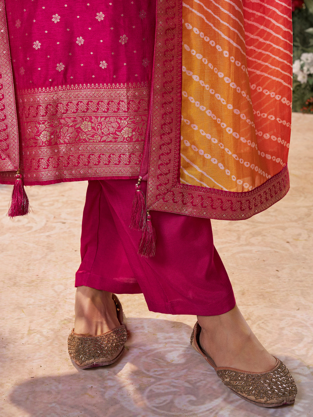 Pink Dola Silk Kurta Set with Jacquard Detailing and Intricate Embroidery, Paired with a Cherry Silk Dupatta