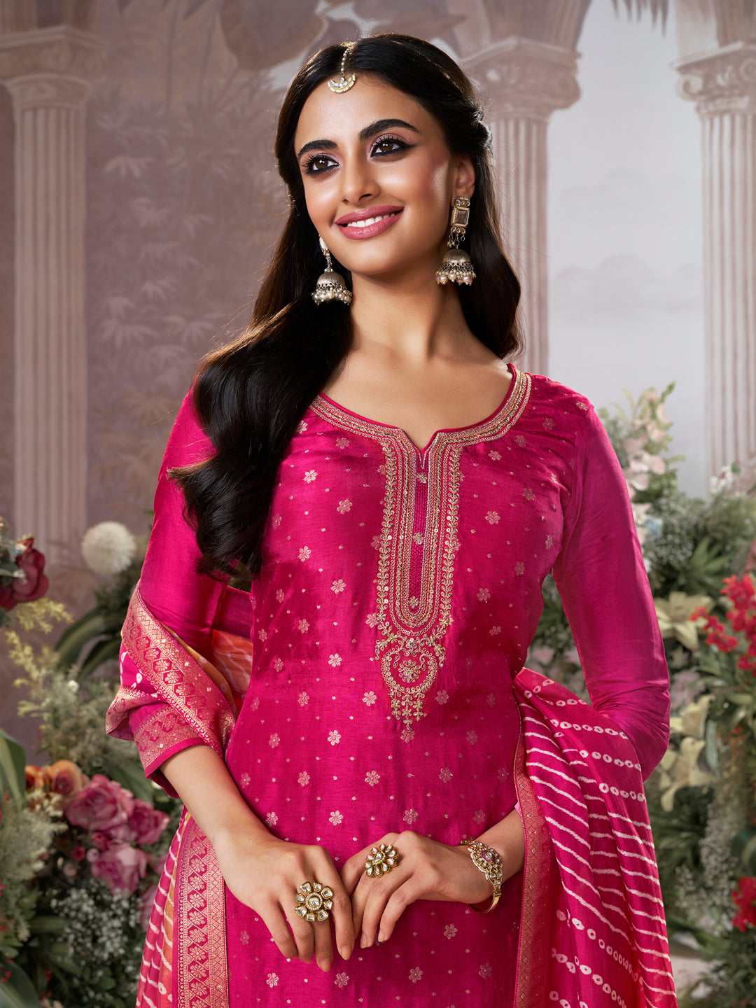 Pink Dola Silk Kurta Set with Jacquard Detailing and Intricate Embroidery, Paired with a Cherry Silk Dupatta