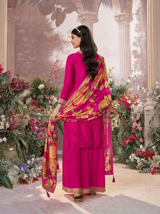 Pink Dola Silk Jacquard & Embroidery Sharara Set with Digital Print Dola Silk Dupatta