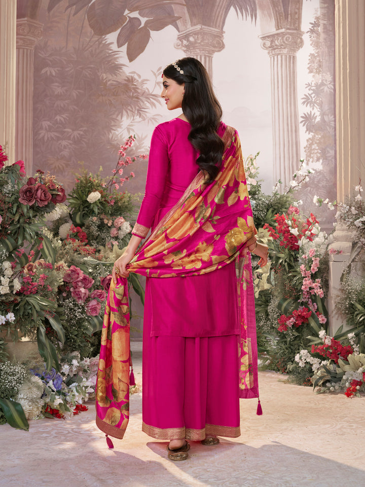 Pink Dola Silk Jacquard & Embroidery Sharara Set with Digital Print Dola Silk Dupatta