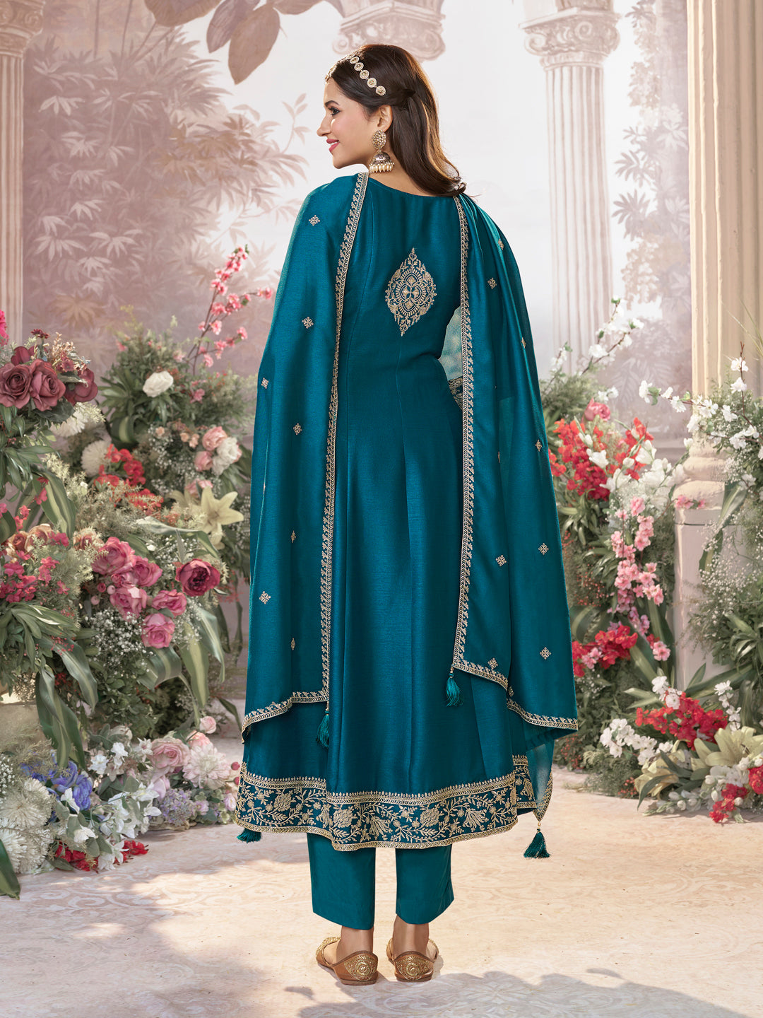 Blue Vichitra Silk Kurta Suit Set with Embroidered Work Paired with Vichitra Silk Dupatta with Embroidered Work
