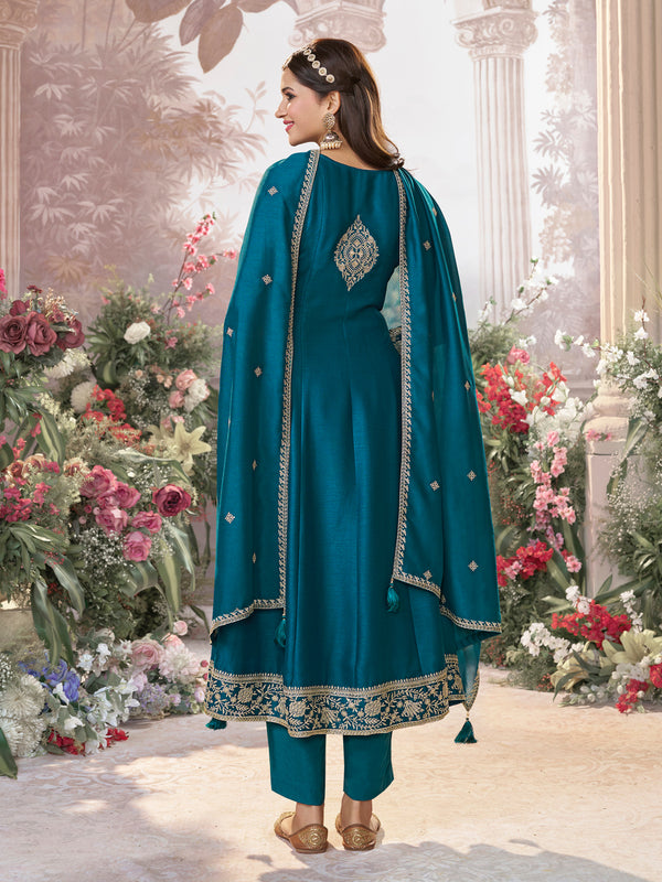 Blue Vichitra Silk Kurta Suit Set with Embroidered Work Paired with Vichitra Silk Dupatta with Embroidered Work