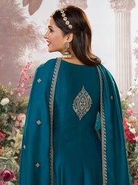 Blue Vichitra Silk Kurta Suit Set with Embroidered Work Paired with Vichitra Silk Dupatta with Embroidered Work