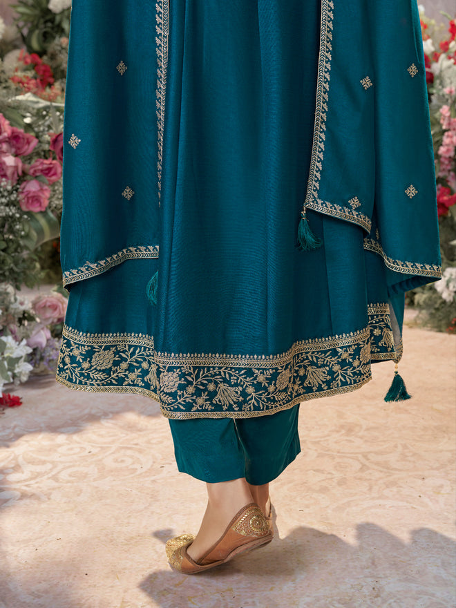 Blue Vichitra Silk Kurta Suit Set with Embroidered Work Paired with Vichitra Silk Dupatta with Embroidered Work