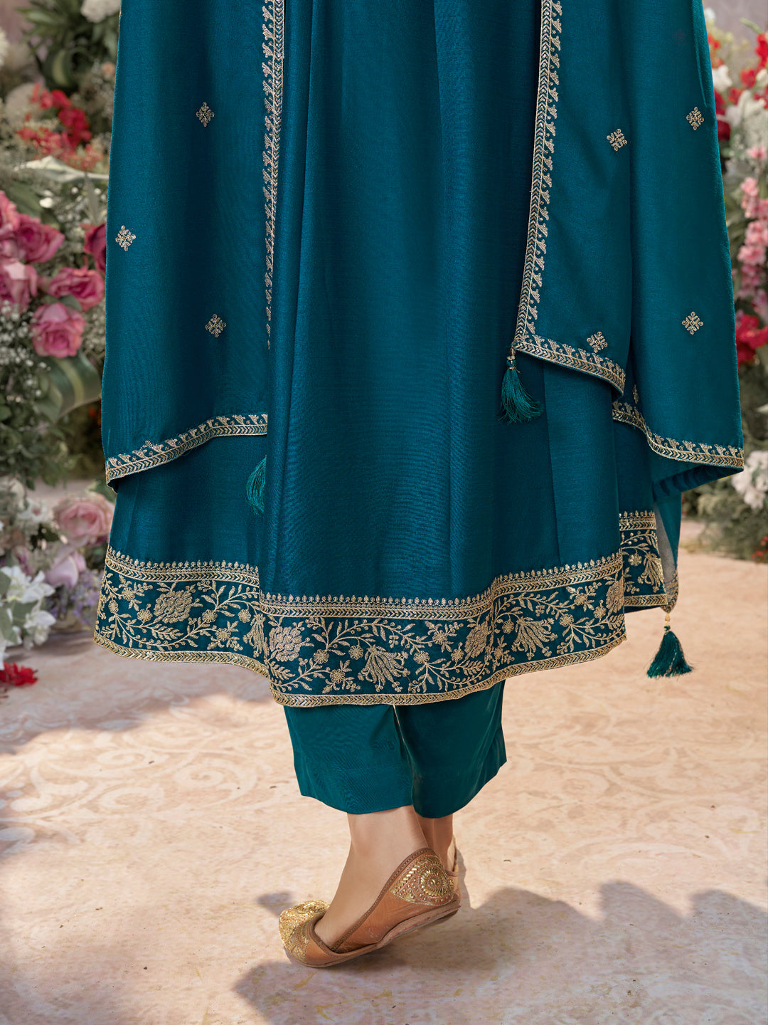 Blue Vichitra Silk Kurta Suit Set with Embroidered Work Paired with Vichitra Silk Dupatta with Embroidered Work