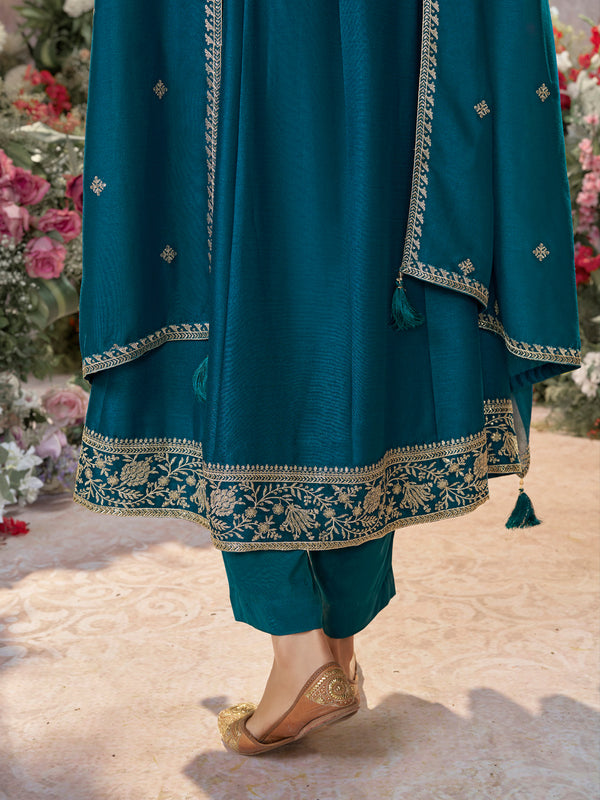 Blue Vichitra Silk Kurta Suit Set with Embroidered Work Paired with Vichitra Silk Dupatta with Embroidered Work