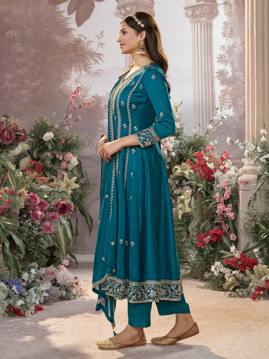 Blue Vichitra Silk Kurta Suit Set with Embroidered Work Paired with Vichitra Silk Dupatta with Embroidered Work