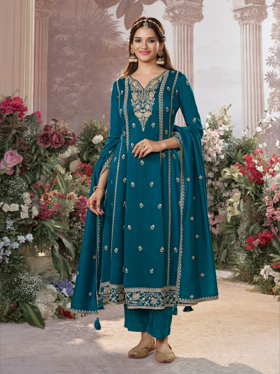 Blue Vichitra Silk Kurta Suit Set with Embroidered Work Paired with Vichitra Silk Dupatta with Embroidered Work