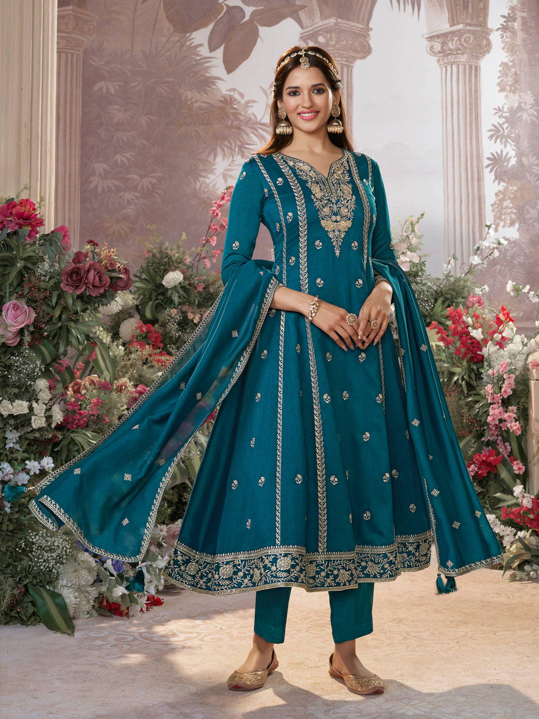 Blue Vichitra Silk Kurta Suit Set with Embroidered Work Paired with Vichitra Silk Dupatta with Embroidered Work