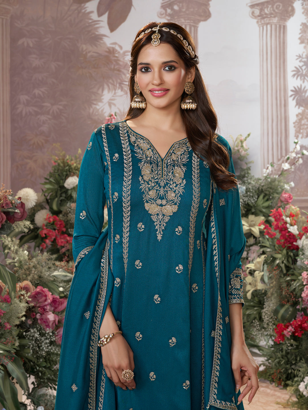 Blue Vichitra Silk Kurta Suit Set with Embroidered Work Paired with Vichitra Silk Dupatta with Embroidered Work