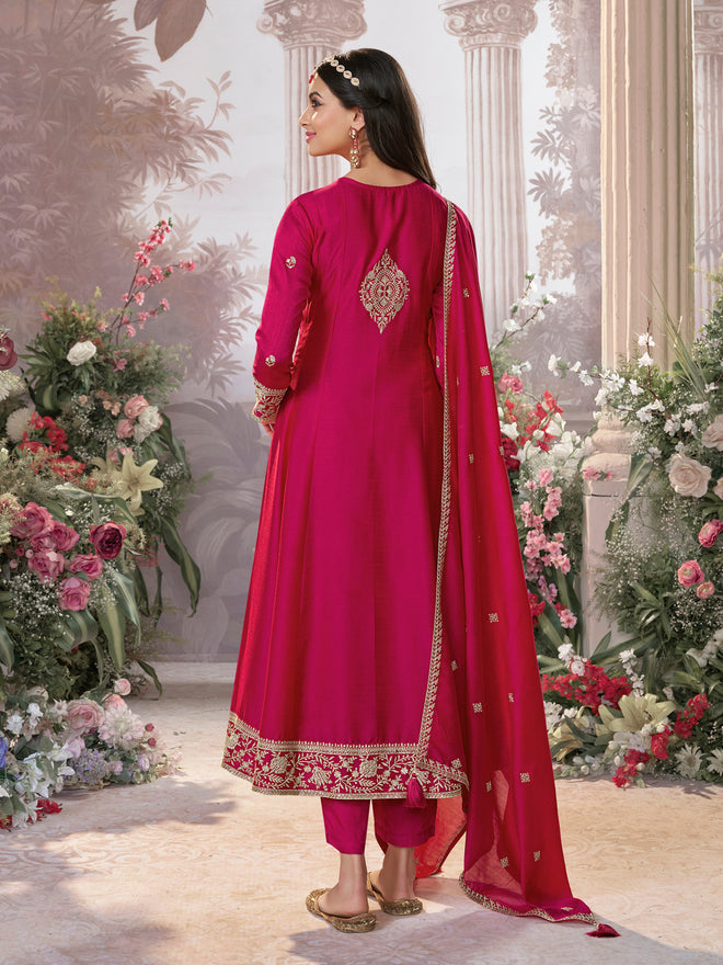 Hot Pink Vichitra Silk Kurta Suit Set with Embroidered Work Paired with Vichitra Silk Dupatta with Embroidered Work