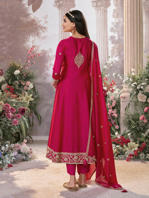 Hot Pink Vichitra Silk Kurta Suit Set with Embroidered Work Paired with Vichitra Silk Dupatta with Embroidered Work