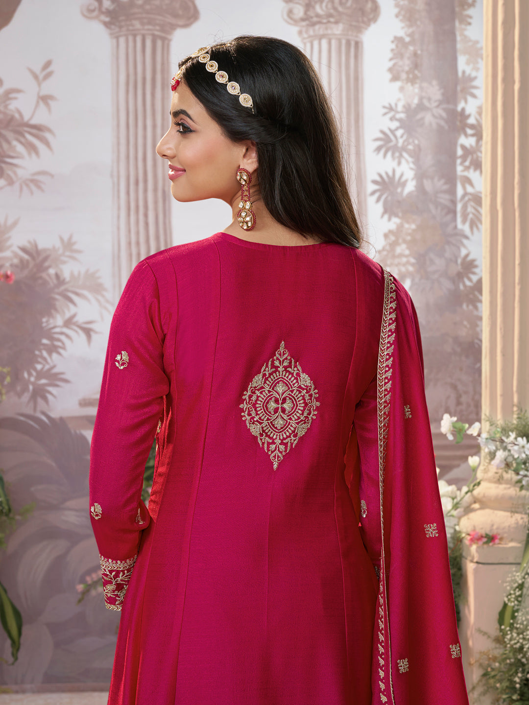Hot Pink Vichitra Silk Kurta Suit Set with Embroidered Work Paired with Vichitra Silk Dupatta with Embroidered Work