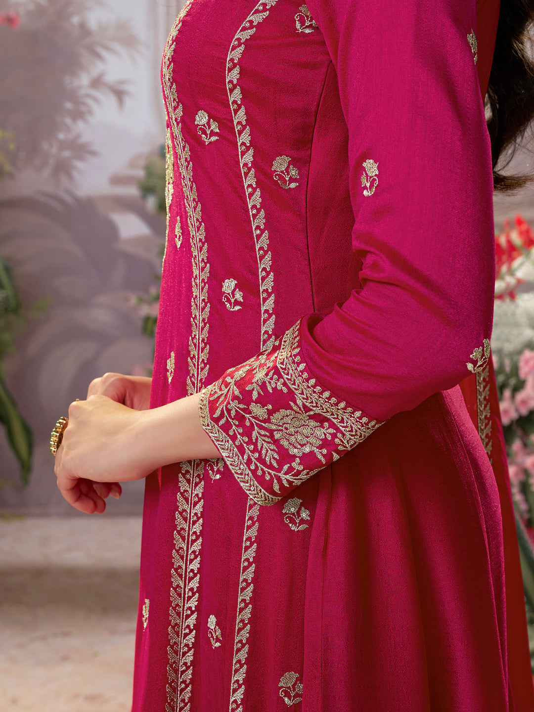 Hot Pink Vichitra Silk Kurta Suit Set with Embroidered Work Paired with Vichitra Silk Dupatta with Embroidered Work