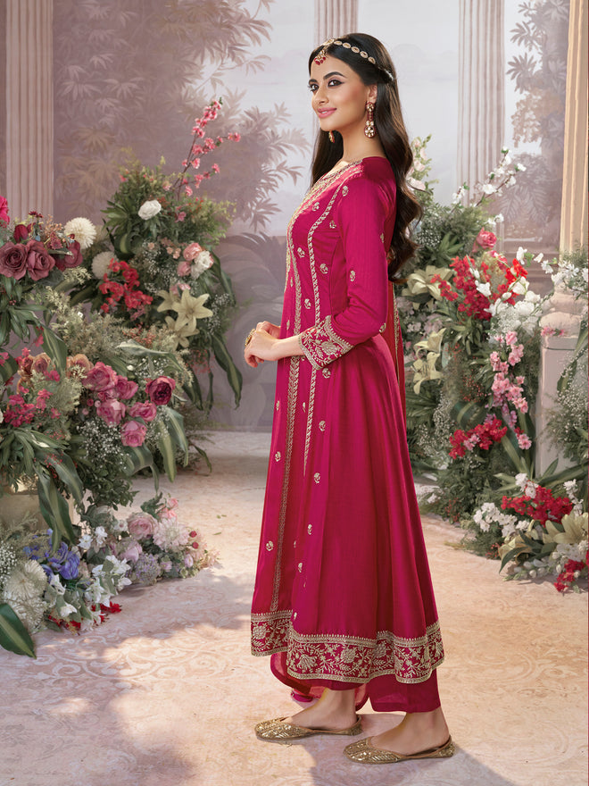 Hot Pink Vichitra Silk Kurta Suit Set with Embroidered Work Paired with Vichitra Silk Dupatta with Embroidered Work