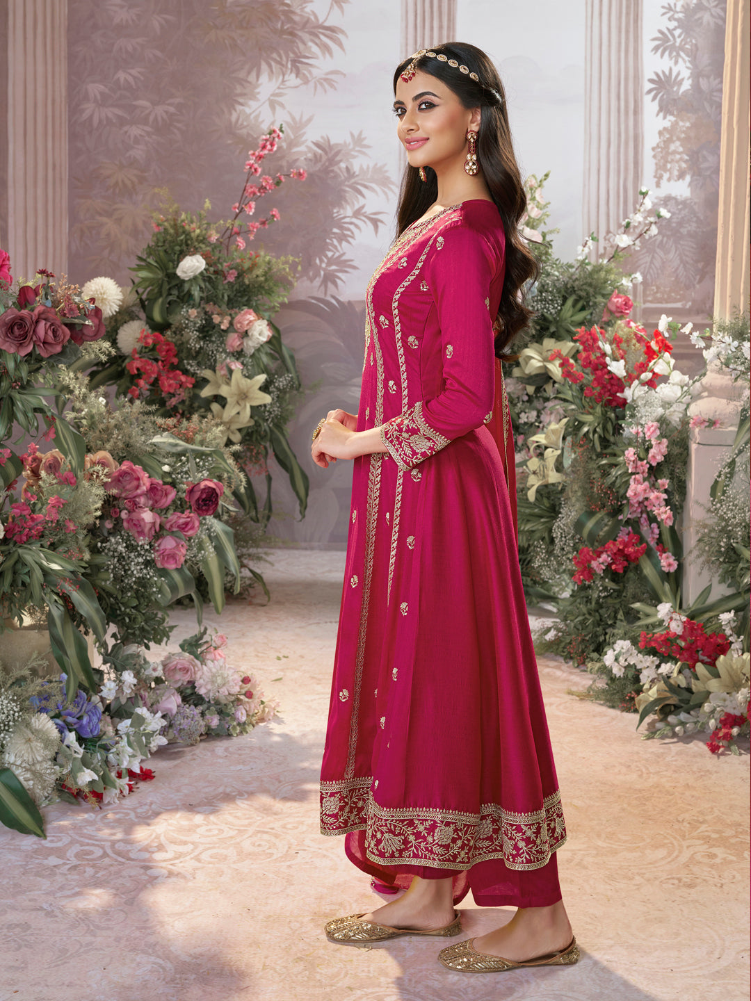Hot Pink Vichitra Silk Kurta Suit Set with Embroidered Work Paired with Vichitra Silk Dupatta with Embroidered Work
