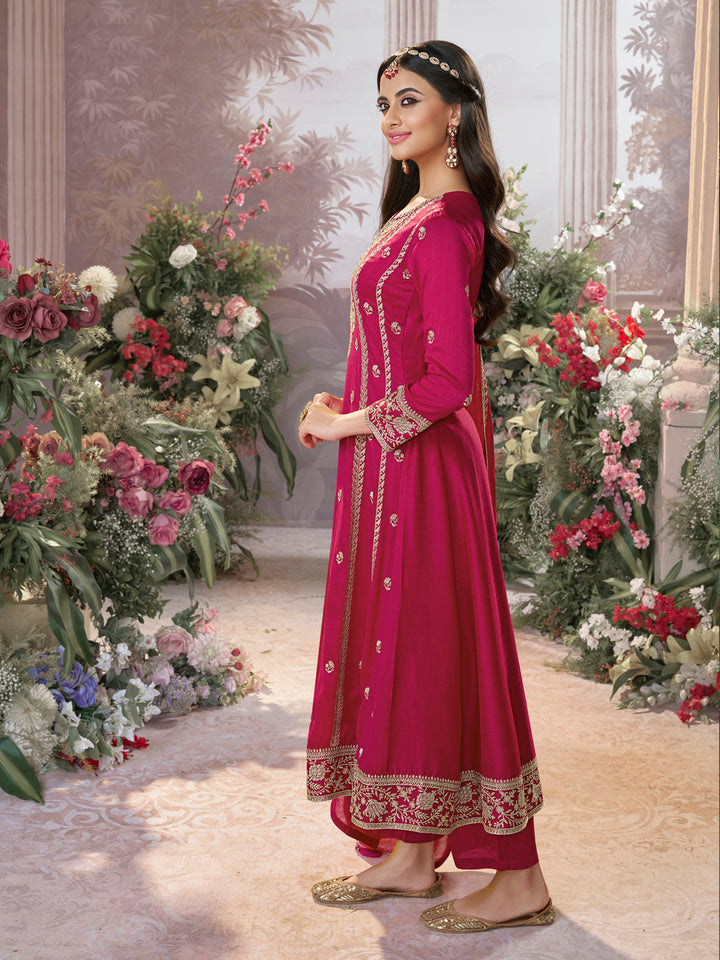 Hot Pink Vichitra Silk Kurta Suit Set with Embroidered Work Paired with Vichitra Silk Dupatta with Embroidered Work