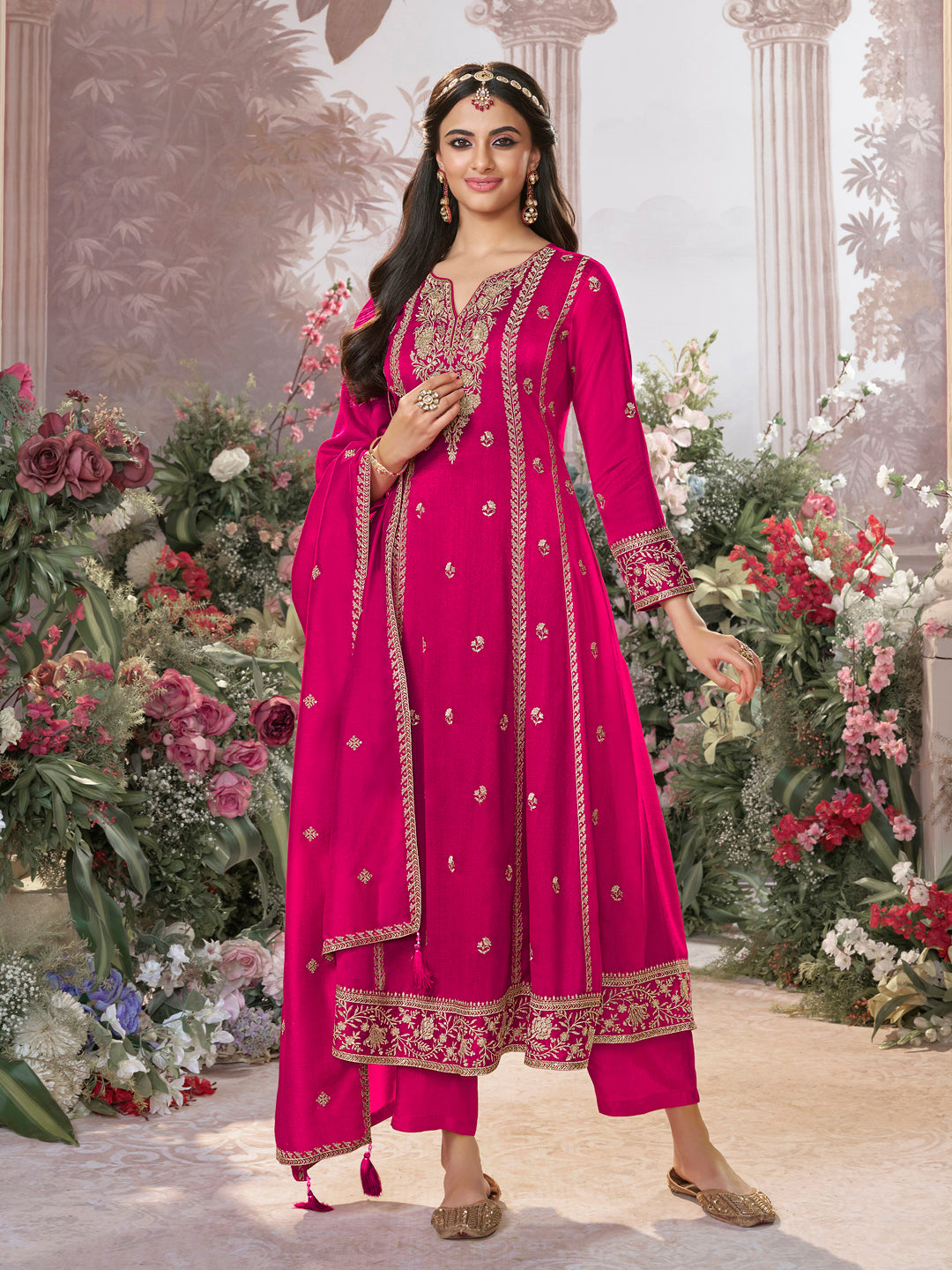 Hot Pink Vichitra Silk Kurta Suit Set with Embroidered Work Paired with Vichitra Silk Dupatta with Embroidered Work