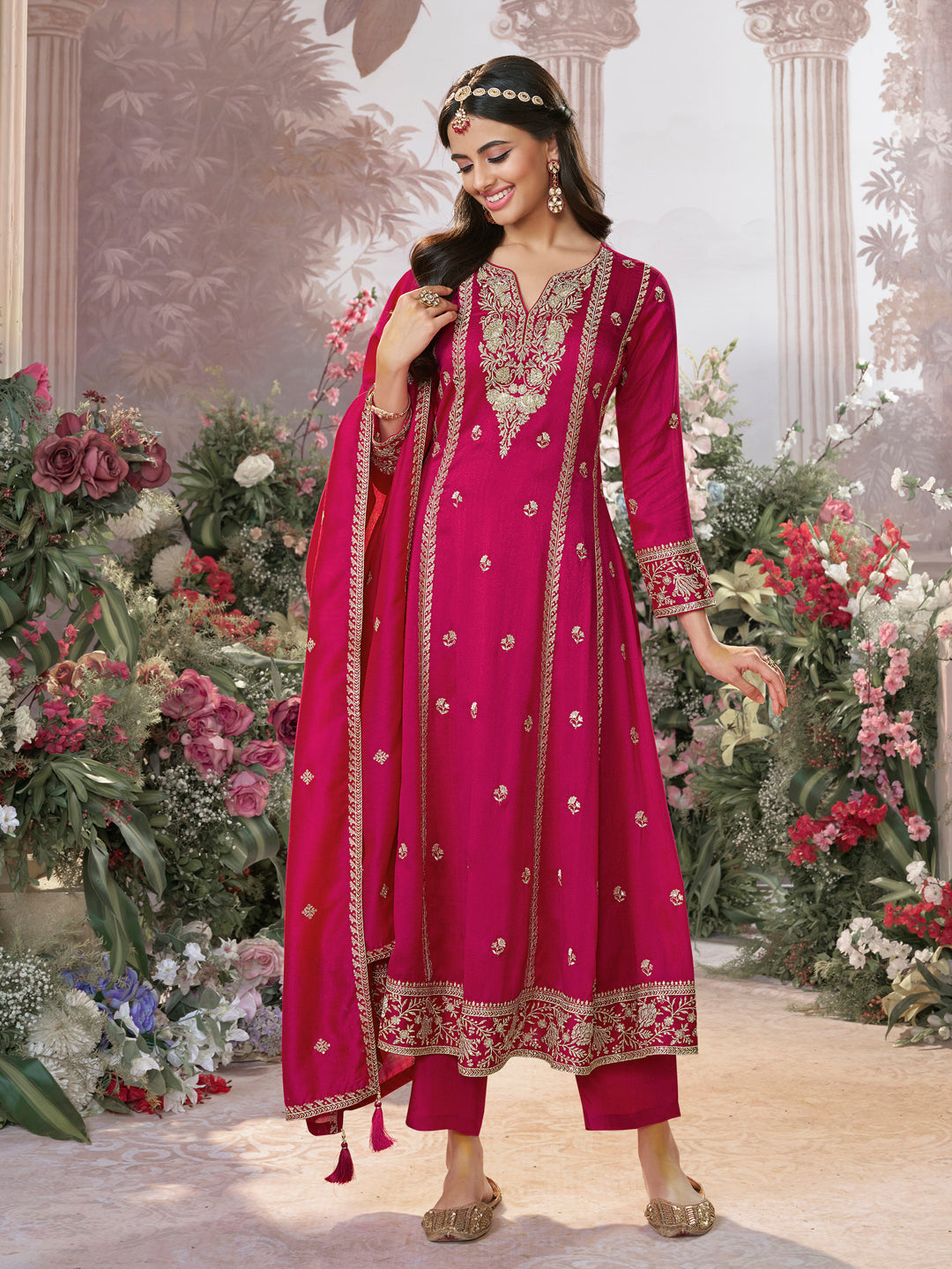 Hot Pink Vichitra Silk Kurta Suit Set with Embroidered Work Paired with Vichitra Silk Dupatta with Embroidered Work