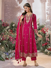 Hot Pink Vichitra Silk Kurta Suit Set with Embroidered Work Paired with Vichitra Silk Dupatta with Embroidered Work