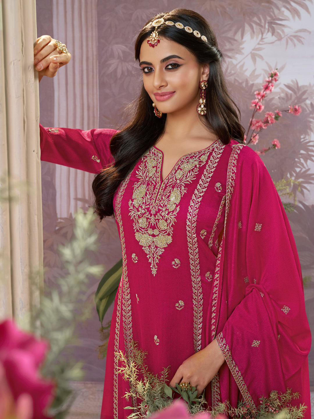 Hot Pink Vichitra Silk Kurta Suit Set with Embroidered Work Paired with Vichitra Silk Dupatta with Embroidered Work