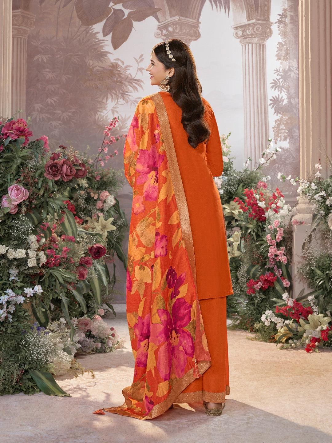 Orange Dola Silk Jacquard & Embroidery Sharara Set with Digital Print Dola Silk Dupatta