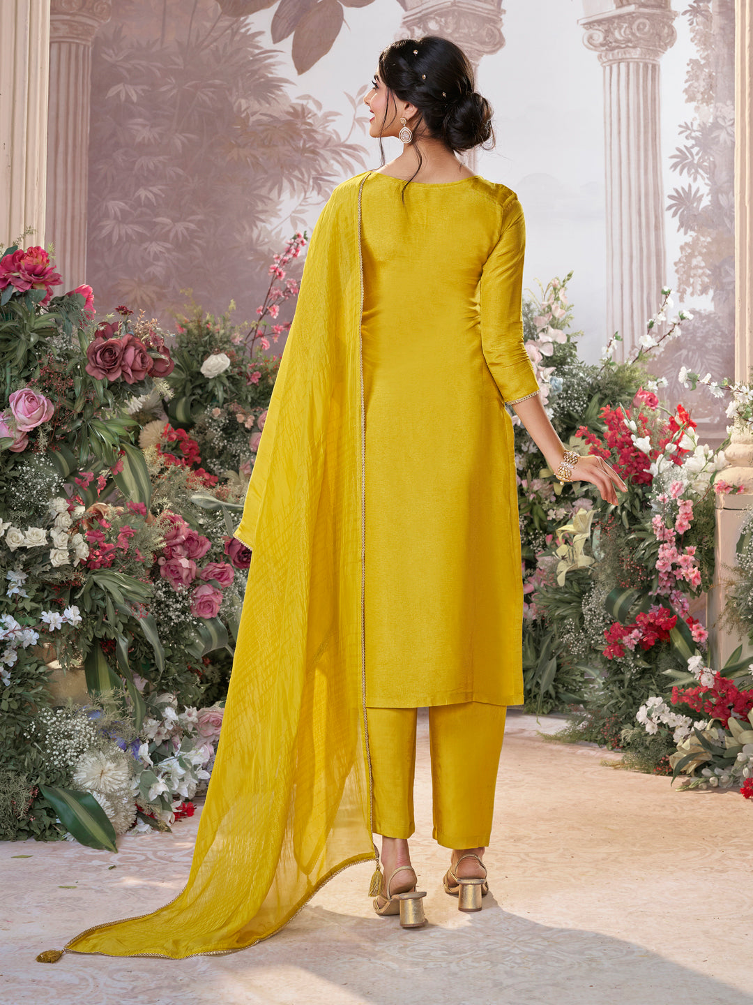 Yellow Chinon Kurta Set with Jacquard and Zari Work, Paired with an Organza Dupatta