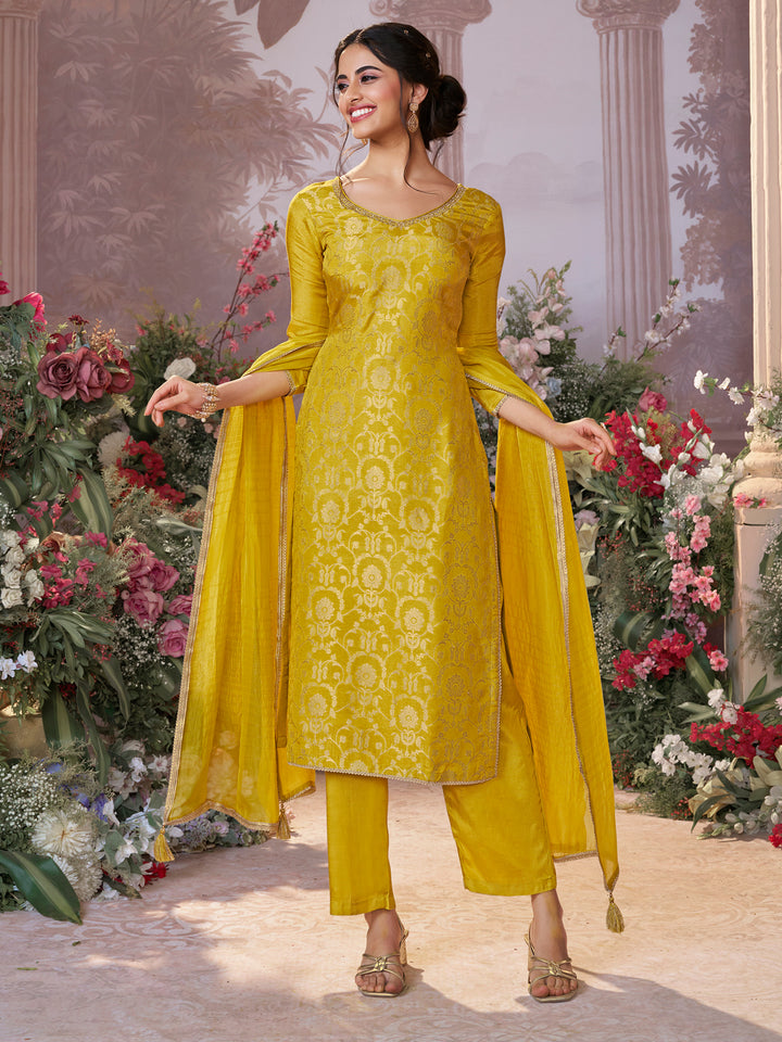 Yellow Chinon Kurta Set with Jacquard and Zari Work, Paired with an Organza Dupatta
