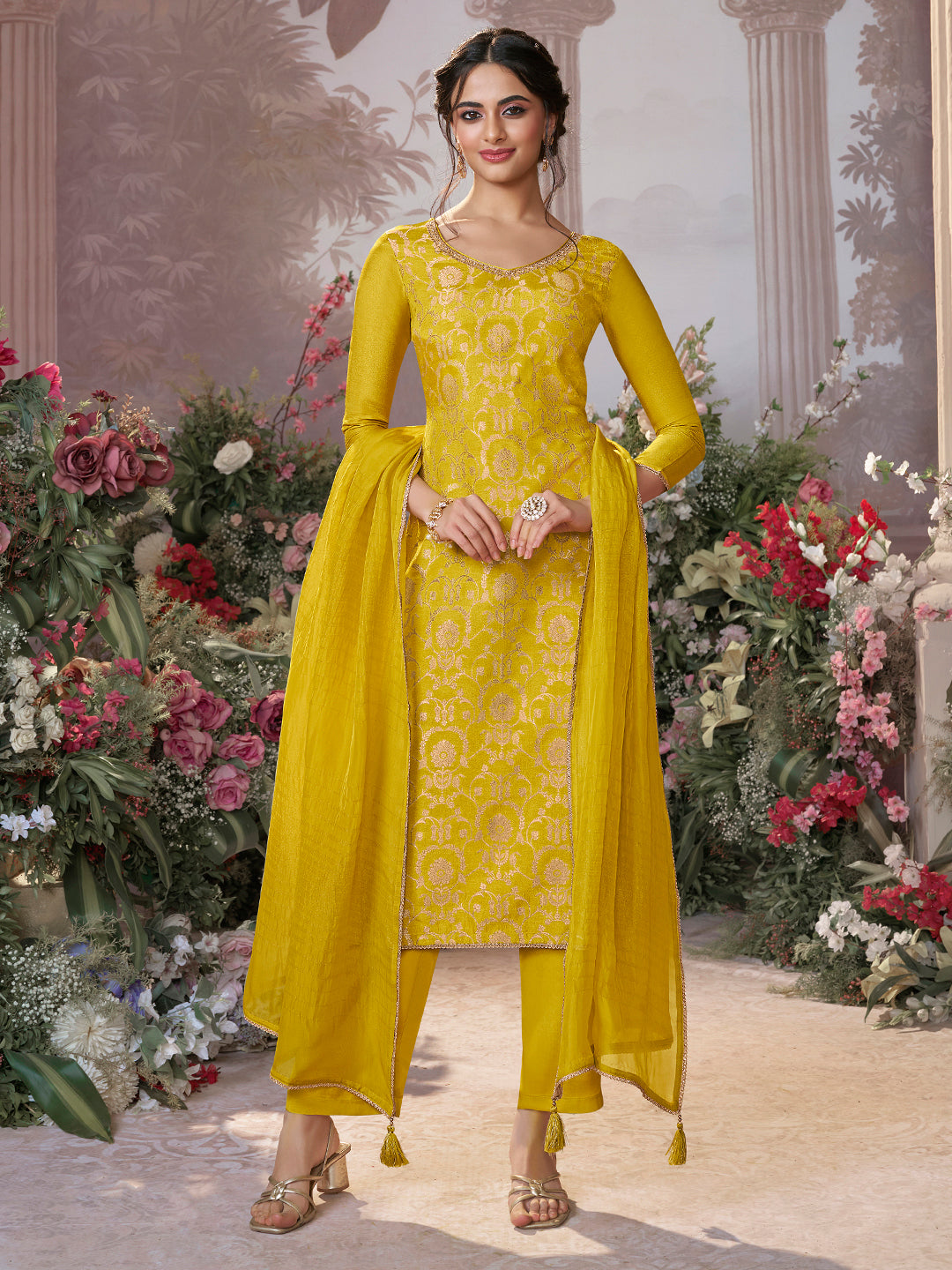 Yellow Chinon Kurta Set with Jacquard and Zari Work, Paired with an Organza Dupatta