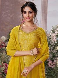 Yellow Chinon Kurta Set with Jacquard and Zari Work, Paired with an Organza Dupatta