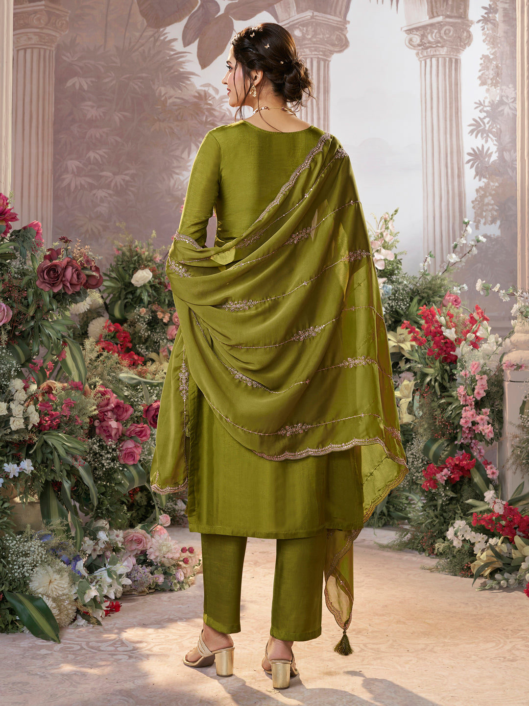 Olive Dola Silk Fabric Kurta with Embroidered & Jacquard Work Paired with Rangoli Fabric Dupatta with Patterned Sequins Work.