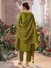 Olive Dola Silk Fabric Kurta with Embroidered & Jacquard Work Paired with Rangoli Fabric Dupatta with Patterned Sequins Work