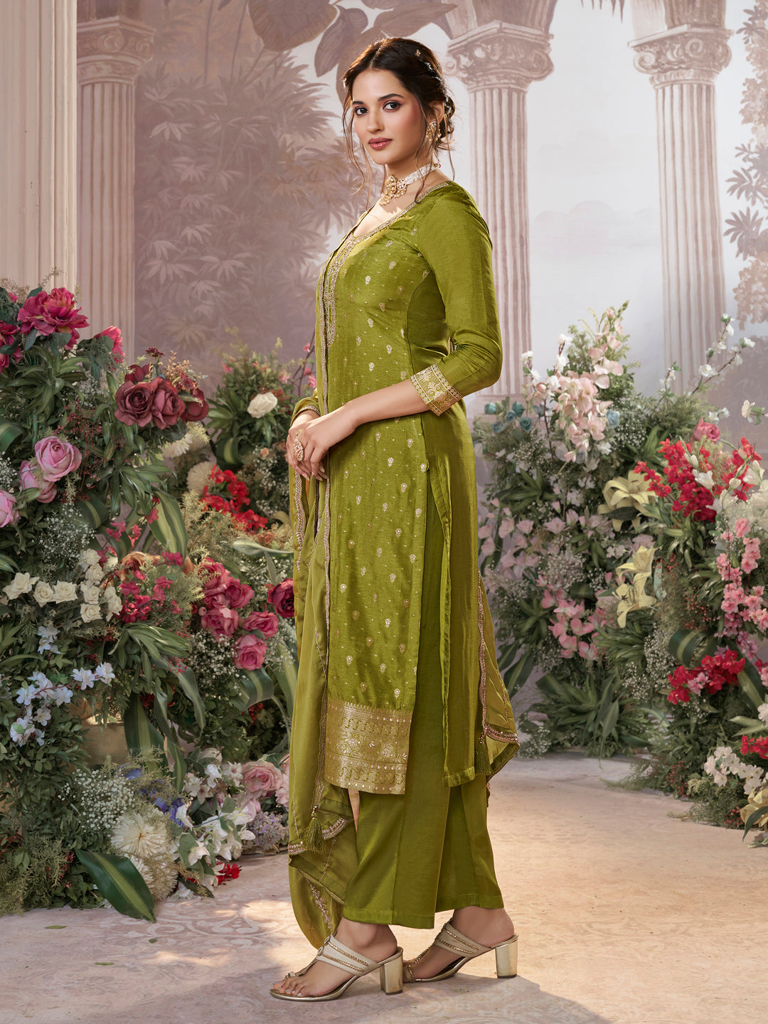 Olive Dola Silk Fabric Kurta with Embroidered & Jacquard Work Paired with Rangoli Fabric Dupatta with Patterned Sequins Work.