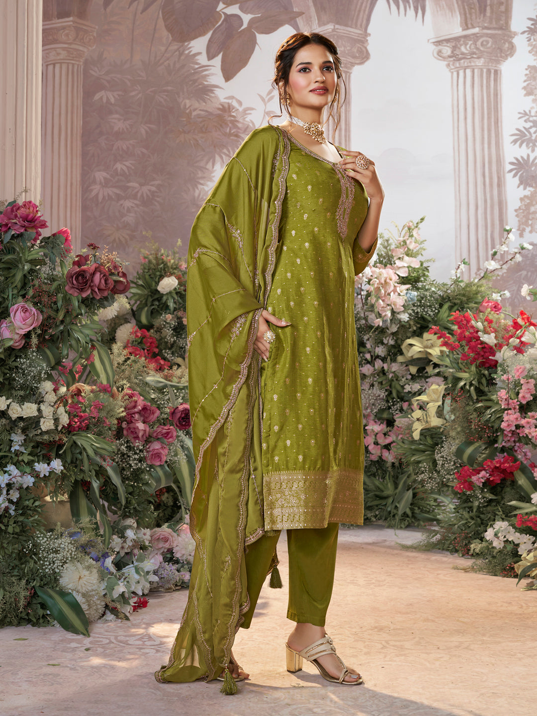 Olive Dola Silk Fabric Kurta with Embroidered & Jacquard Work Paired with Rangoli Fabric Dupatta with Patterned Sequins Work.